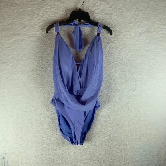 Bar III Women's Cowl Neck‎ Cutout Purple Halter Strap One-Piece Swimsuit Size M - Picture 1 of 11
